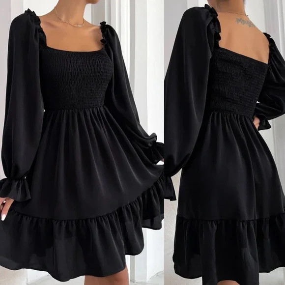 Shirred bust square neck long sleeve mini dress ruffle boho gypsy camel brown - Picture 11 of 11